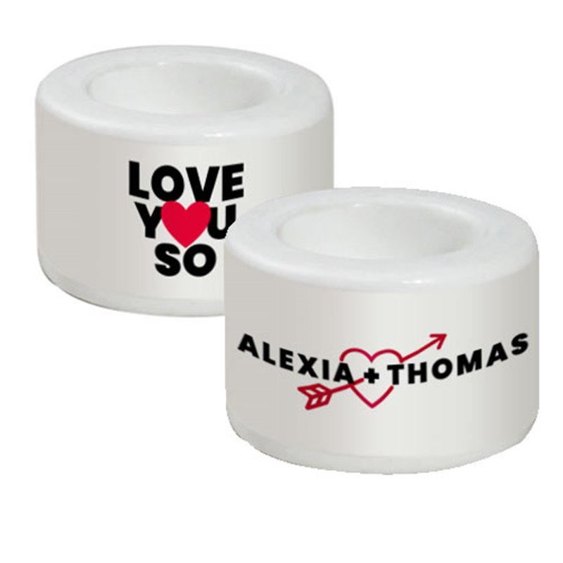 Lot de 2 bougeoirs en céramique blanche Love You So à personnaliser avec vos prénoms